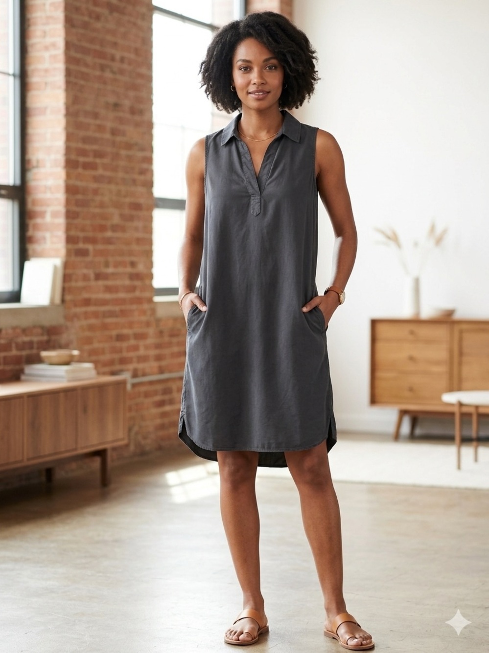 Beccool Sleeveless Polo Shift Dress in Charcoal